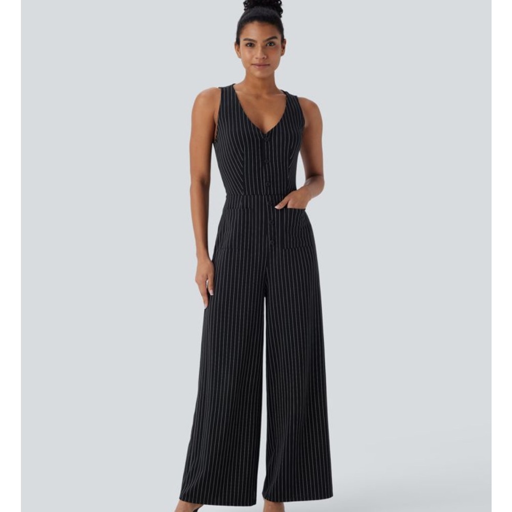 HALARA Black and White Pinstripe Jumpsuit - Picture 6 of 7